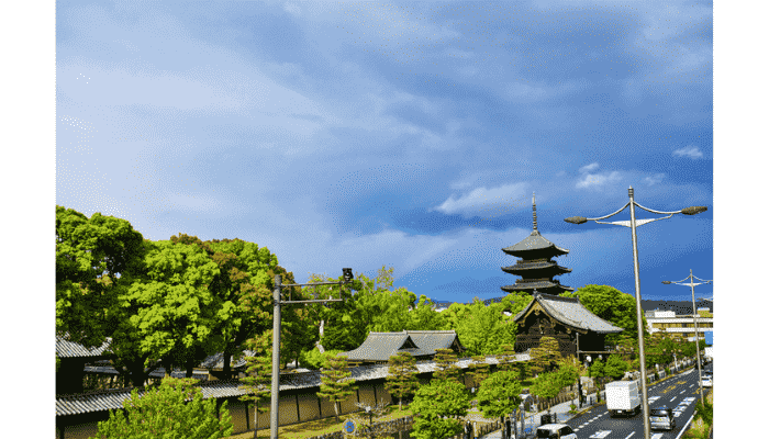 Toji Temple five-story pagoda with rainbow in Kyoto.