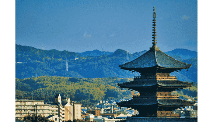 Toji Temple five-story pagoda with mountains in Kyoto.