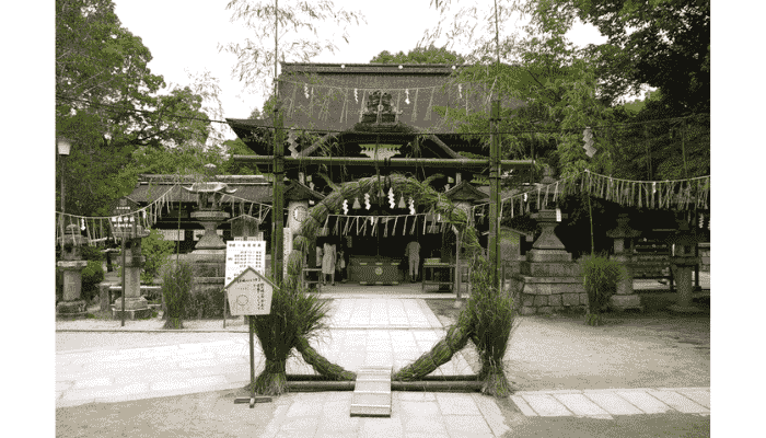 Fujinomori Shrine main hall with Chinowa ring for Nagoshi no Harae ritual